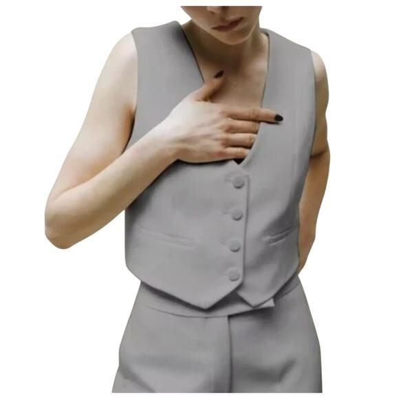 Jason Wu Waistcoat Vest Cropped Button Front V Neck Light Gray Womens Medium - Picture 2 of 8